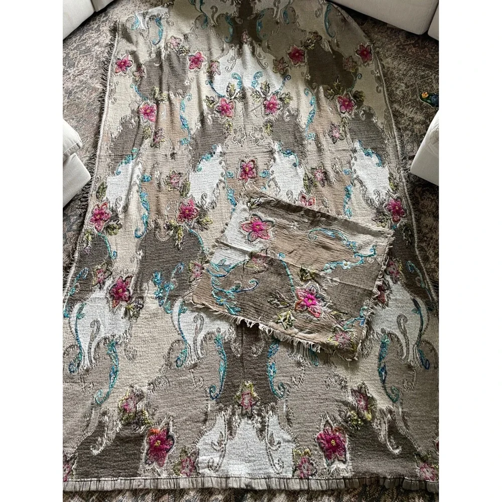 Soft Surroundings Twin XL Blanket Set Wool Blend Floral Embroidered Cottagecore